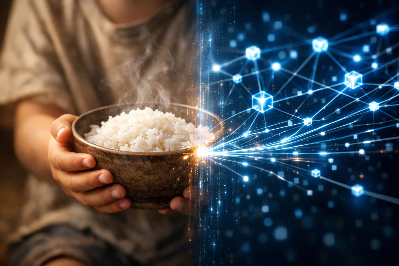 Blockchain technology connecting crypto payments to child hunger relief and meal distribution