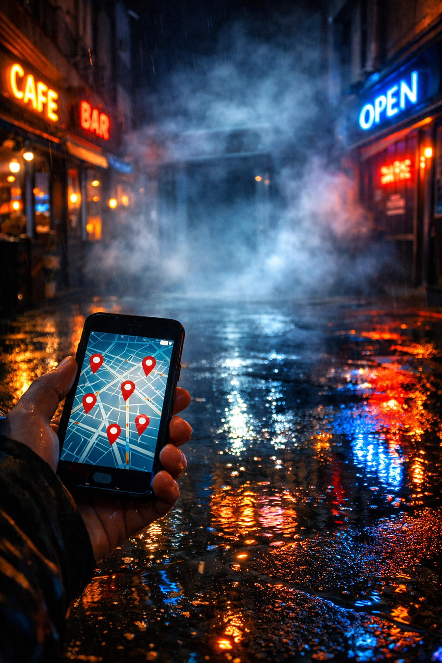 A smartphone map showing a dispensary hidden in fog, illustrating the risk of poor local SEO visibility.