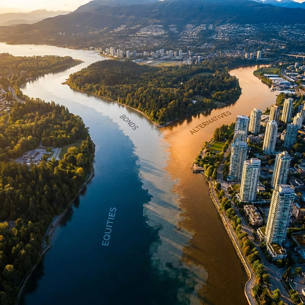 Aerial view of three rivers representing equities, bonds, and alternatives merging to illustrate the 40/30/30 portfolio model's balanced diversification.
