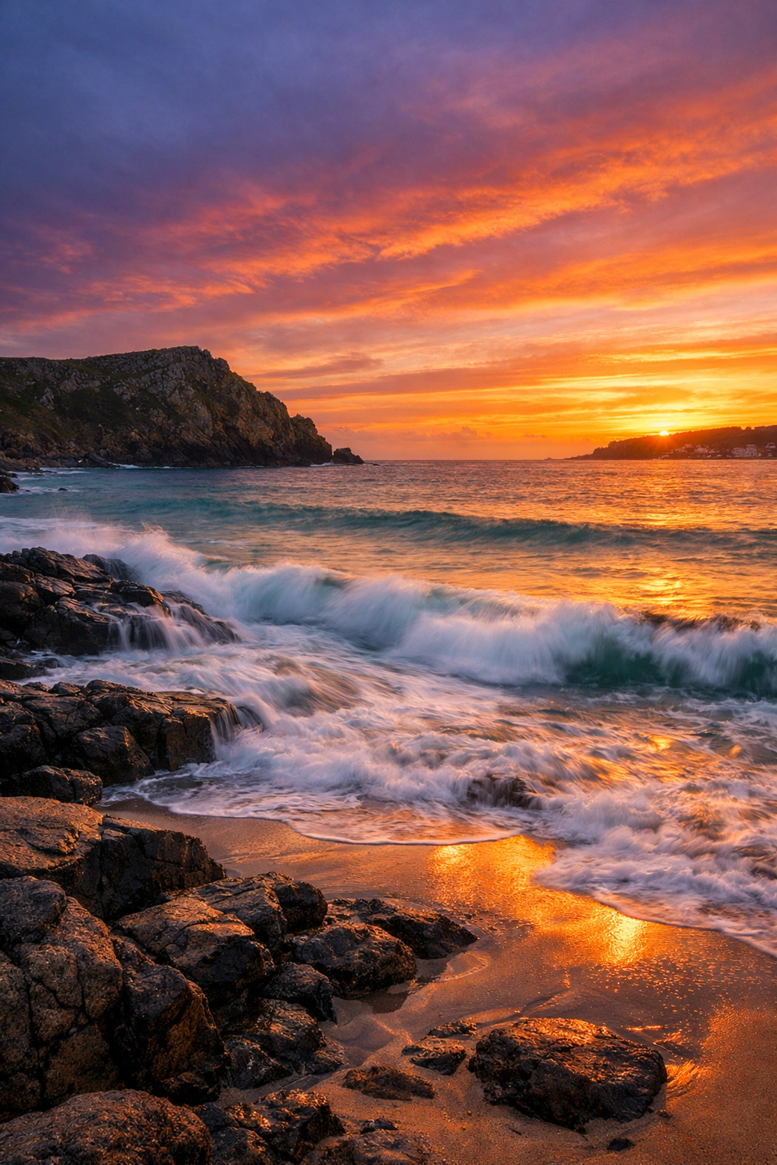 Sunset over Sennen Cove beach, Cornwall, showing tide levels for planning a scattering ashes ceremony.