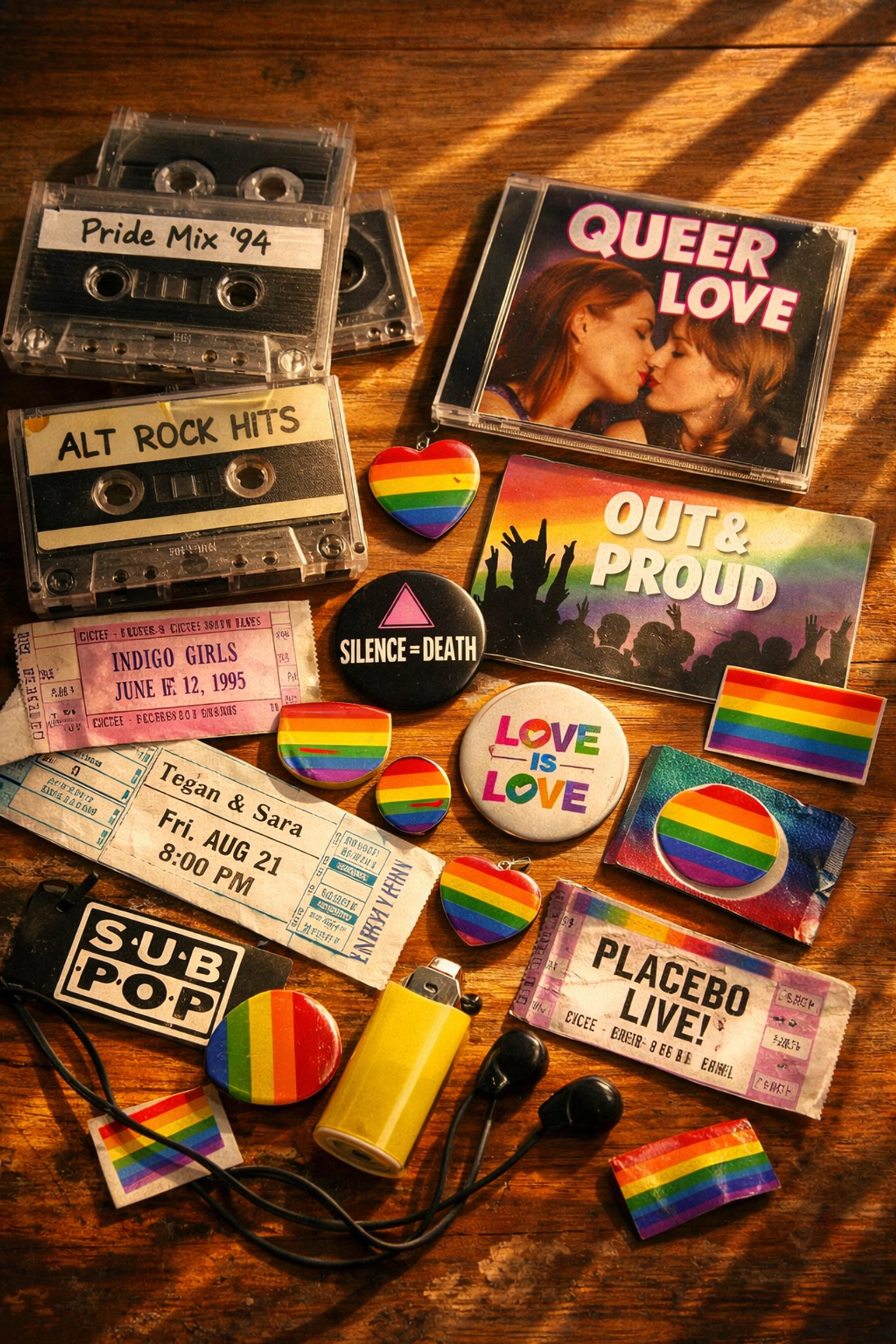 1990s music memorabilia with pride flags showing early queer representation and LGBTQ+ advocacy history