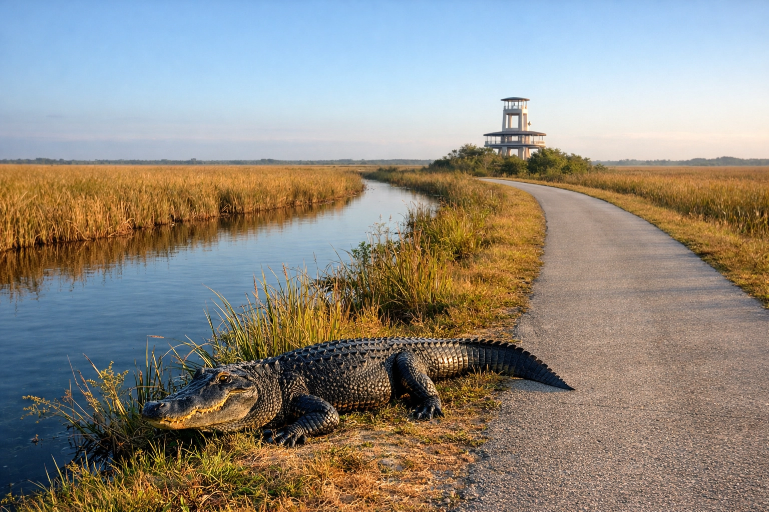 Alligator resting near the Shark Valley path and observation tower in the Everglades.
