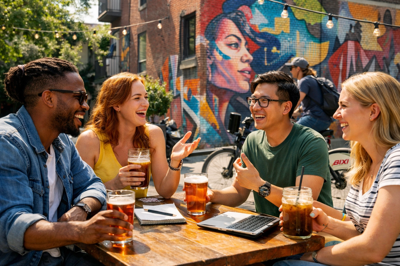 Young Montreal entrepreneurs chatting on a sunny Plateau terrasse with a BIXI bike and local murals.
