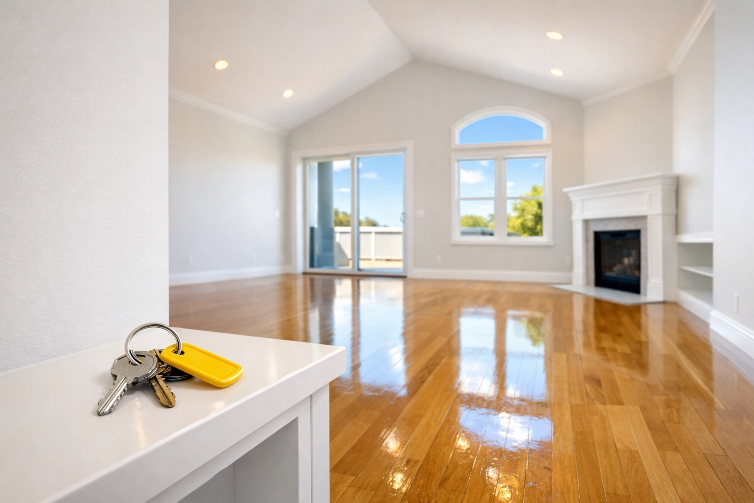 Empty living room with shining floors and house keys on a shelf after a professional move-out cleaning.