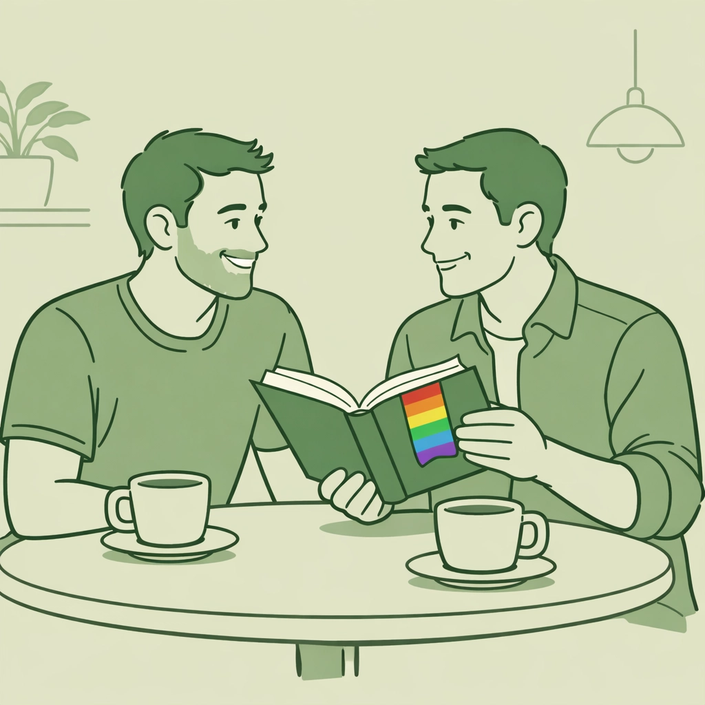 Two gay men sharing MM romance books building LGBTQ+ community connection