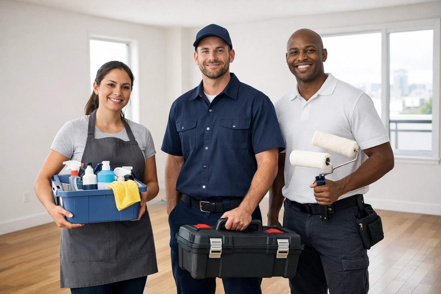 Professional turnover team with cleaning supplies and tools in empty apartment