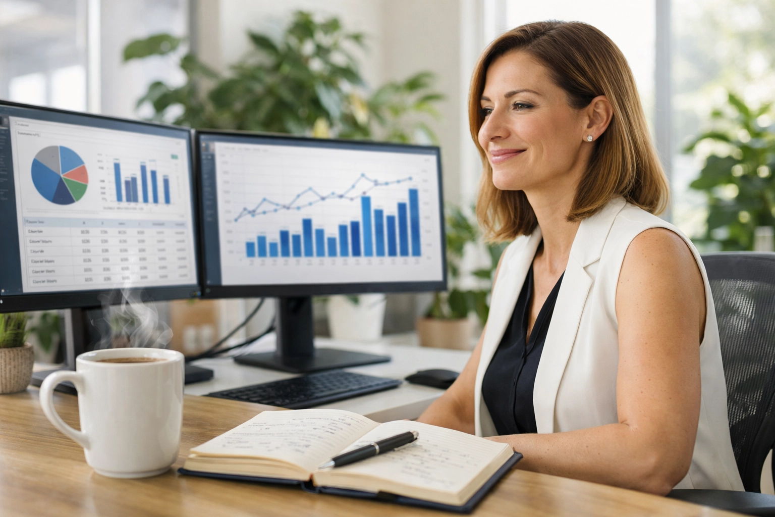 Professional woman reviewing a clean ITAM dashboard for financial lifecycle management and ROI.