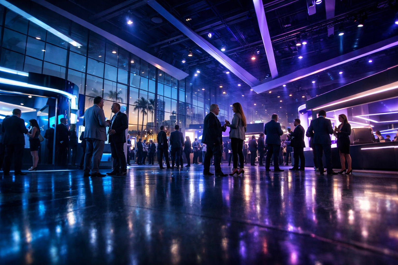 Professional Miami event photographer capturing a busy trade show floor at a high-tech corporate summit.