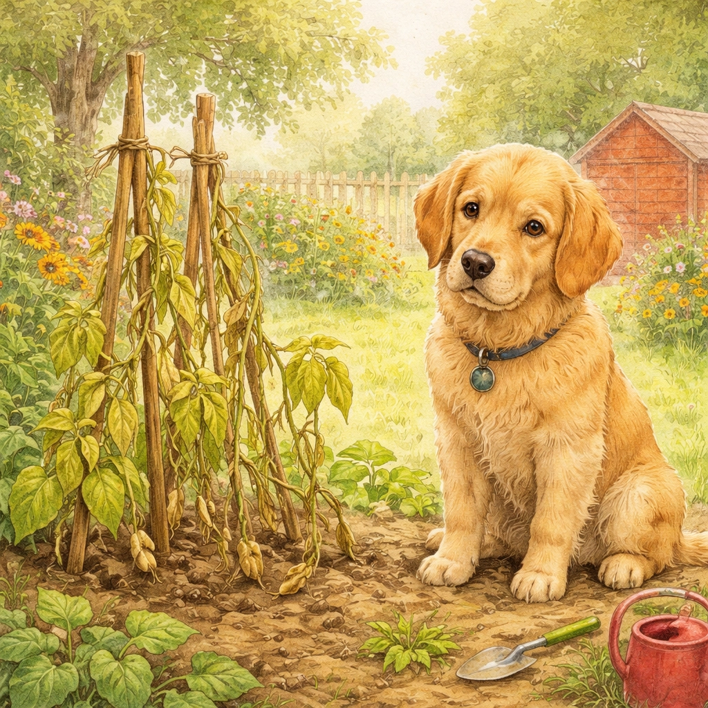 Friendly family dog looking at wilted bean plants in a sunlit garden, showing responsibility lesson
