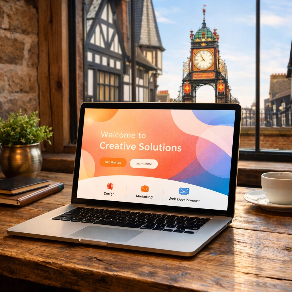A modern laptop displaying a minimalist website design in a Chester office overlooking the Eastgate Clock.
