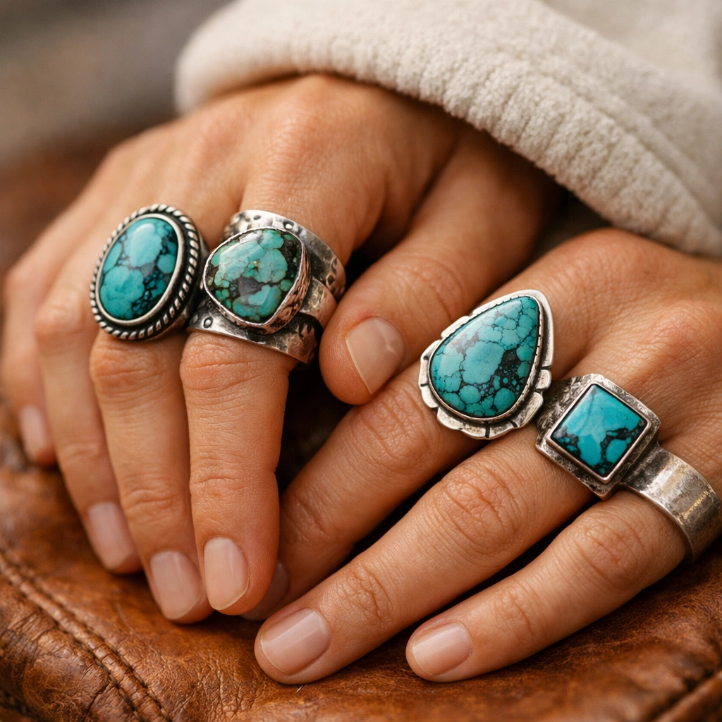 Handcrafted sterling silver and turquoise rings on weathered leather showcasing artisan boho jewelry style.
