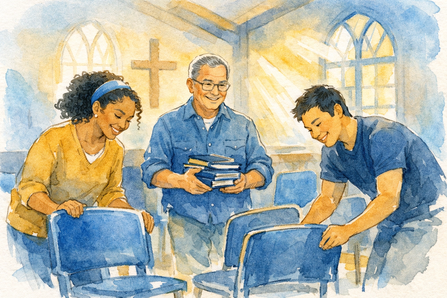 Church volunteers working together joyfully creating welcoming ministry culture