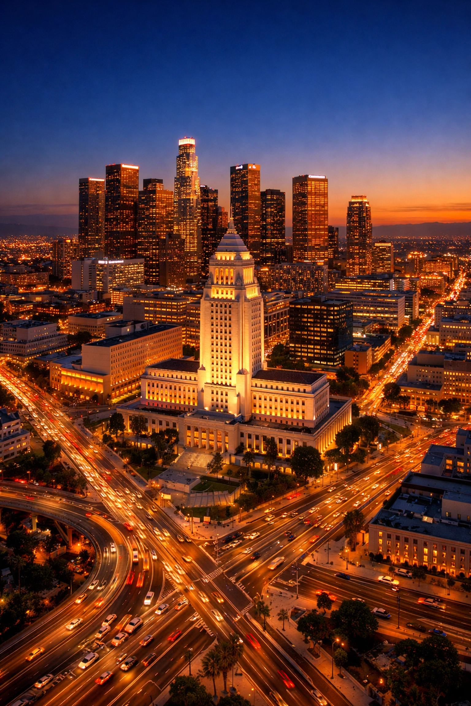 Aerial view of Los Angeles City Hall and downtown at dusk showing street grid patterns