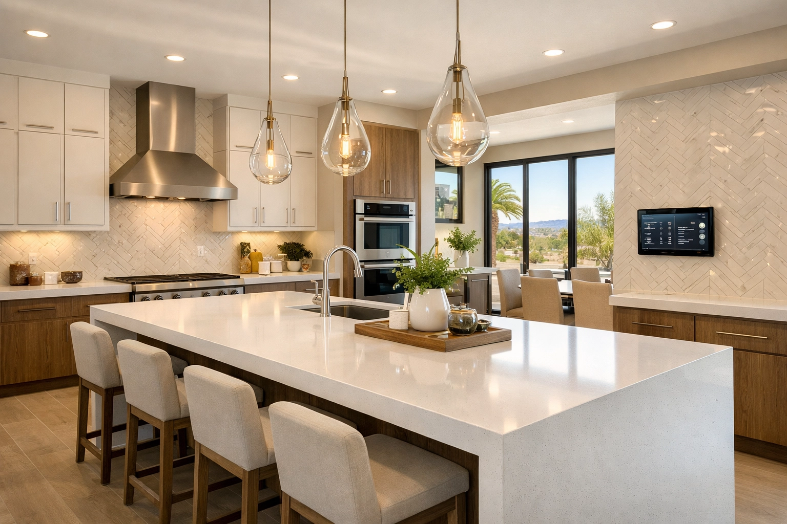 Modern luxury kitchen in Surprise AZ featuring integrated smart home tech and custom finishes.