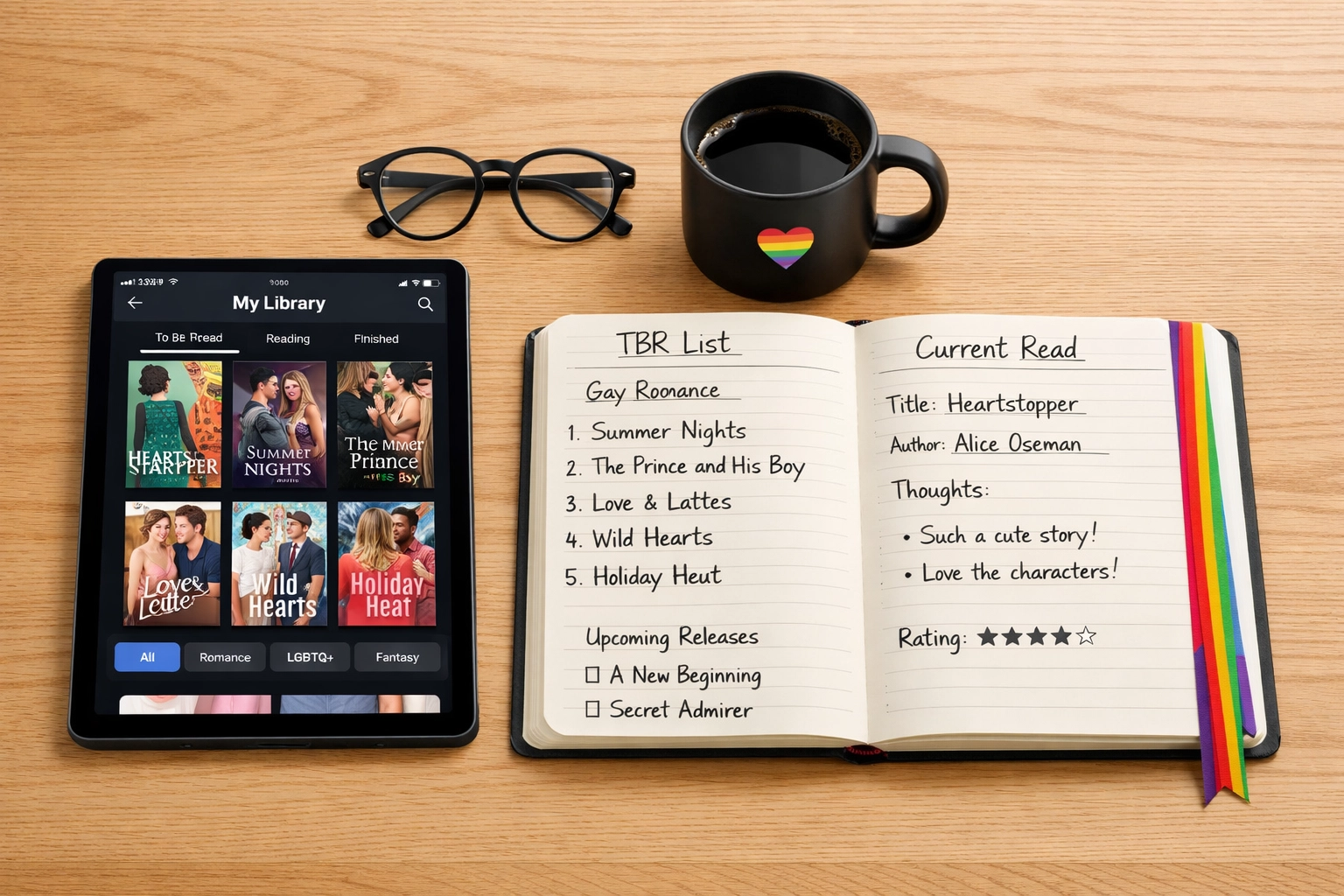 A tablet showing a digital library next to a physical reading journal for tracking gay romance book recommendations.