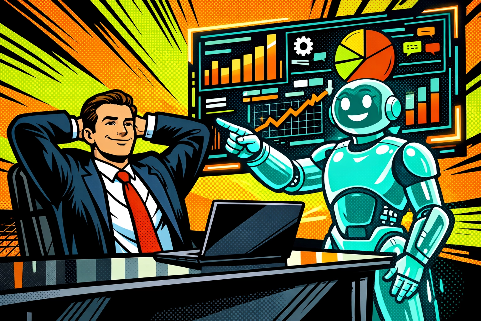 Small business owner working alongside an AI assistant hologram to manage a digital data dashboard.