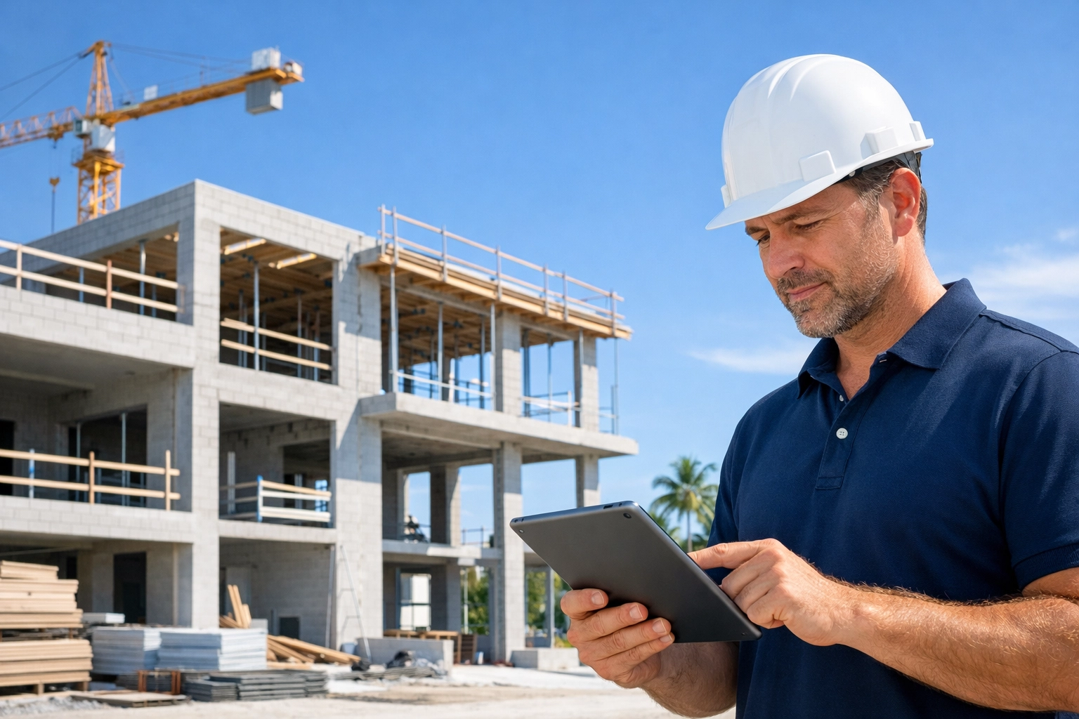 Modern South Florida residential construction site featuring a professional with a digital tablet.