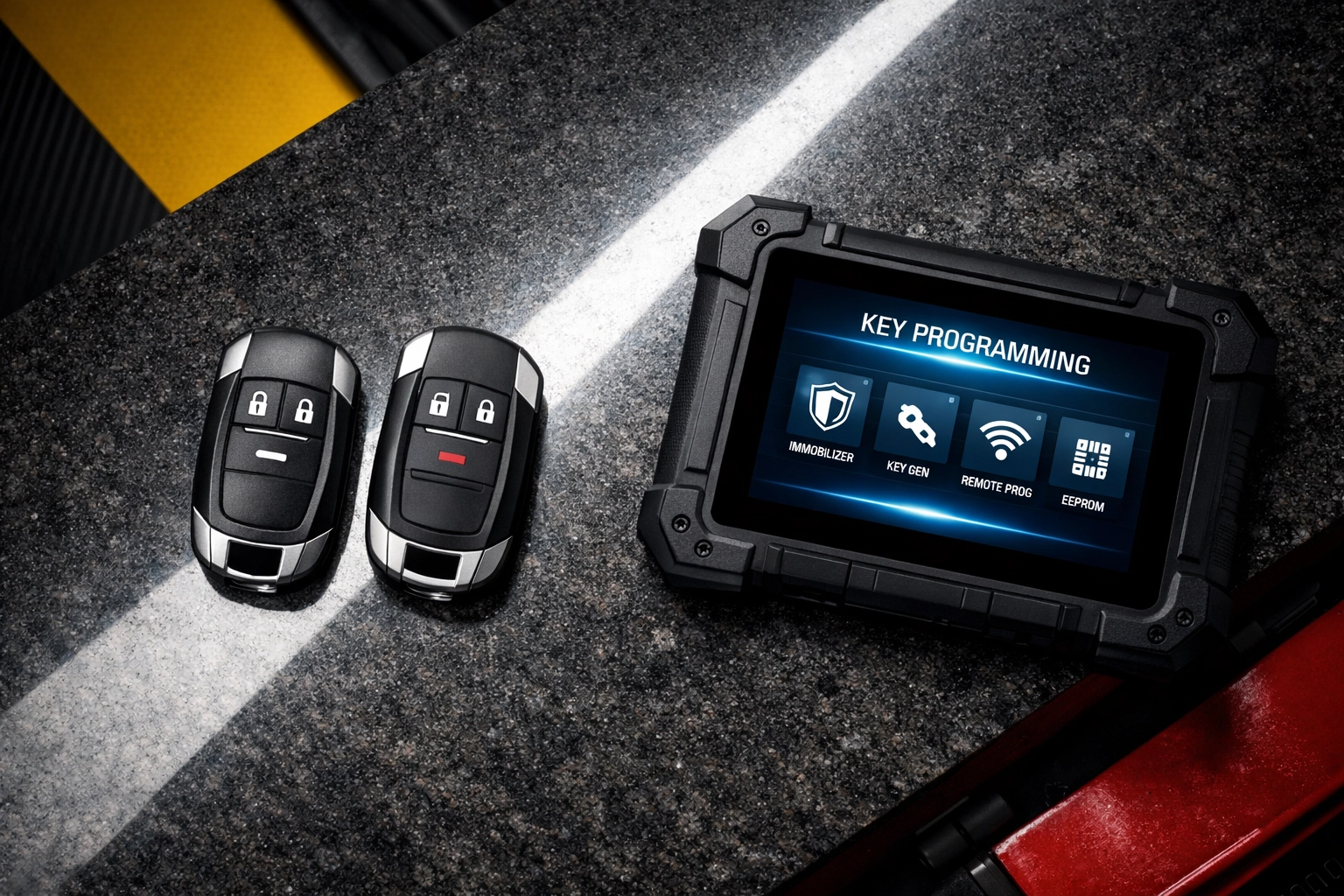 Modern car key fobs and a digital key programmer for spare key duplication and security.