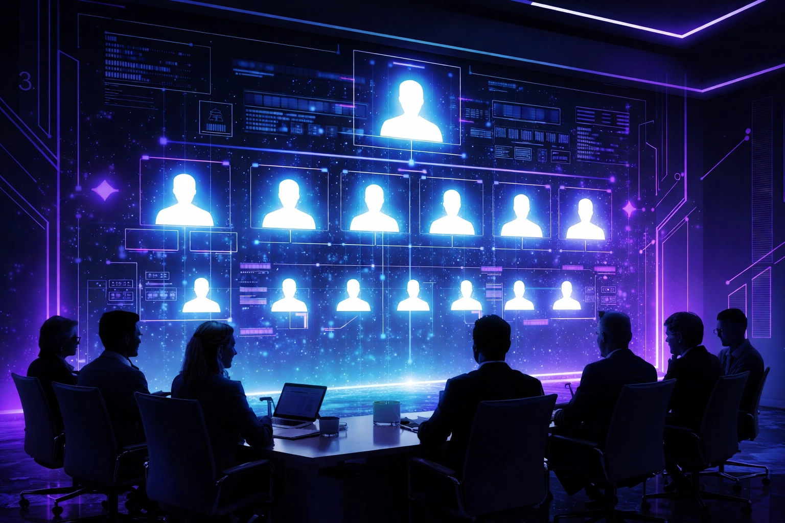 Executives in a neon-lit boardroom analyze a holographic display, revealing gaps in workplace AI readiness and automation adoption.
