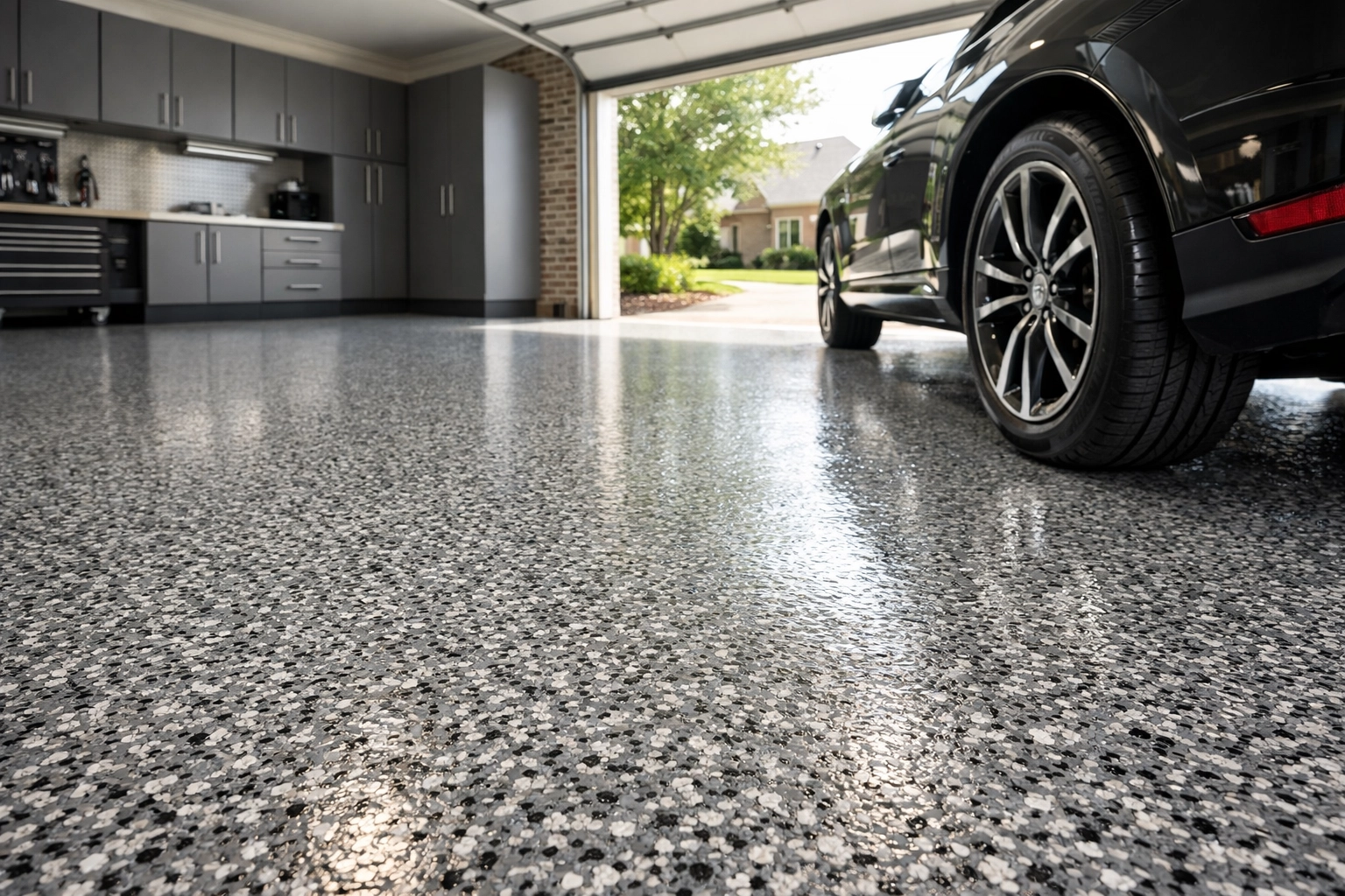 Luxury Madison MS garage featuring a grey and charcoal polymer flake flooring system with a clean sheen.