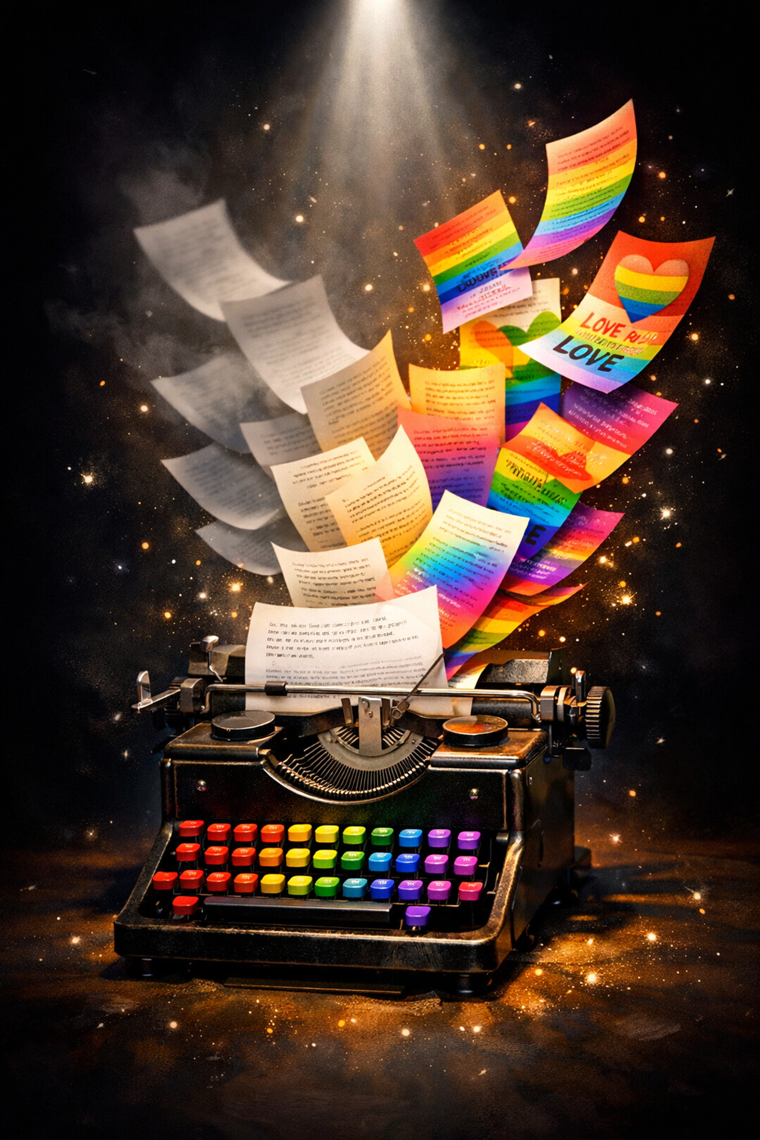 Rainbow typewriter creating uncensored gay romance and authentic LGBTQ+ fiction