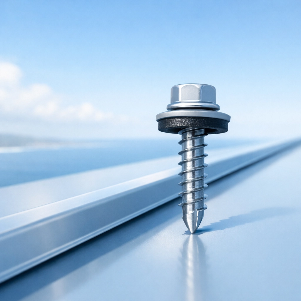Coastal-grade roofing fastener secured to a metal panel, essential for durable roofing in Northern Beaches Sydney.