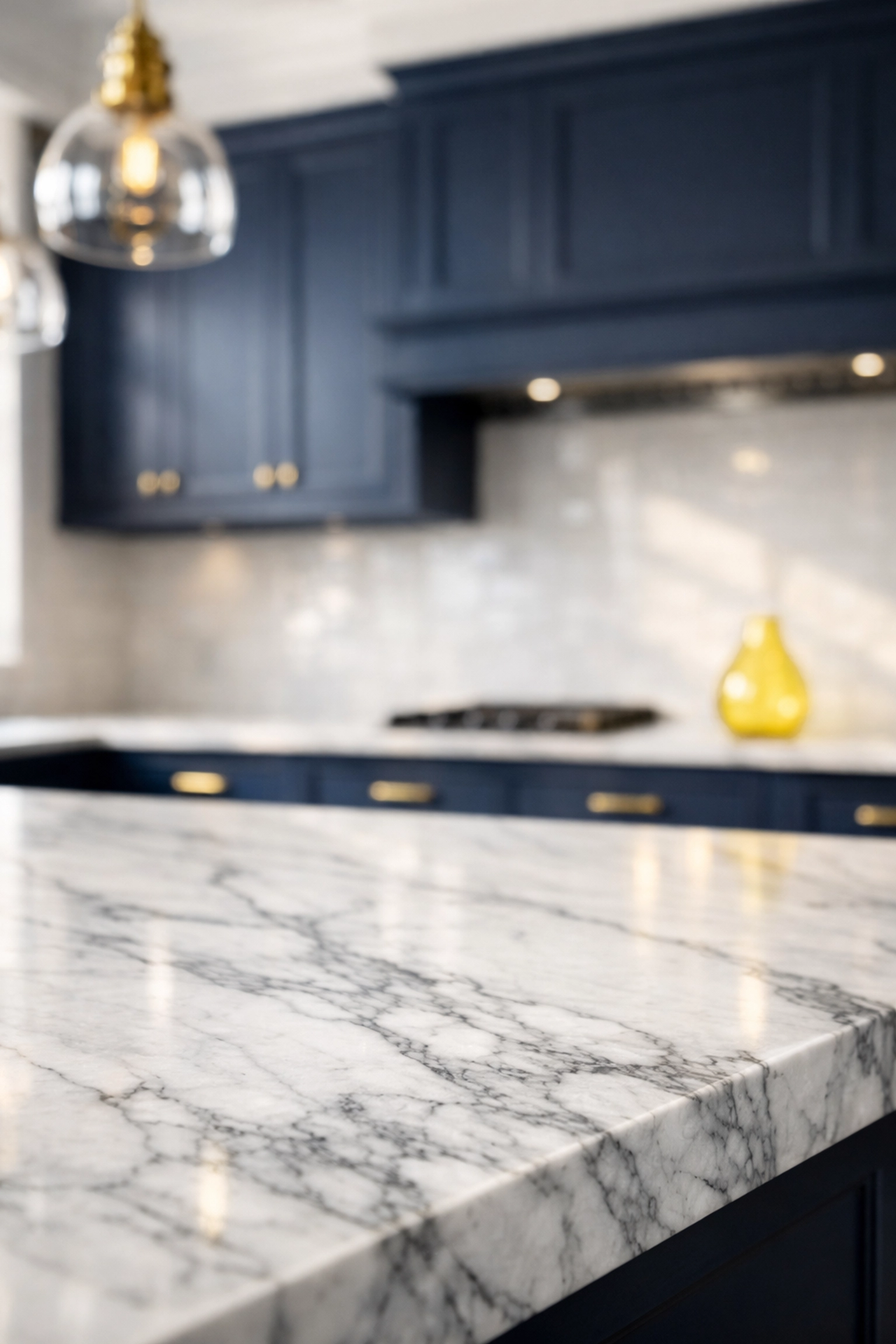 Pristine luxury kitchen in Wellesley, MA with polished marble island and dust-free cabinetry.