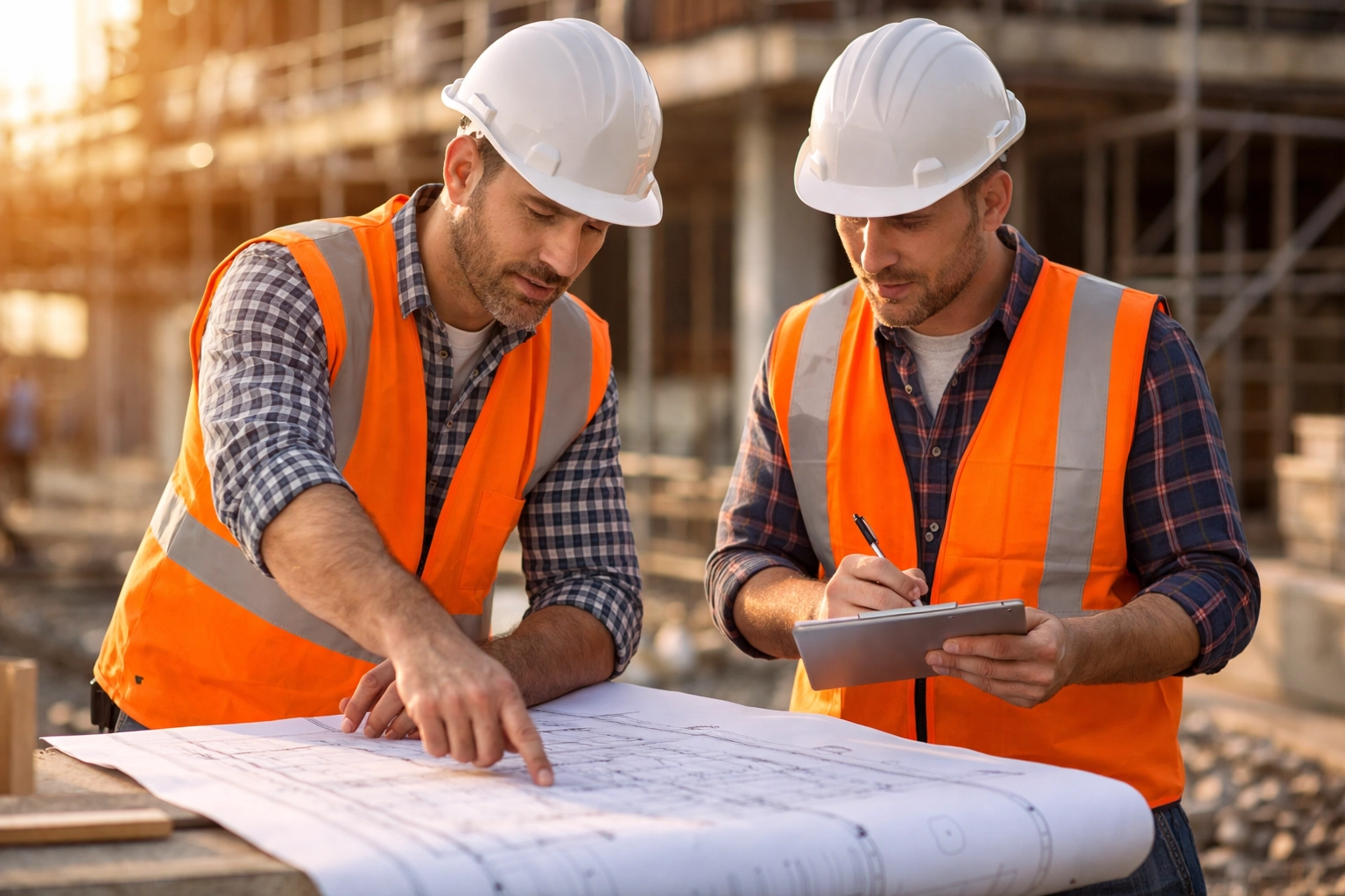Construction crew collaborates on site plans, emphasizing workers’ comp and safety training in construction.