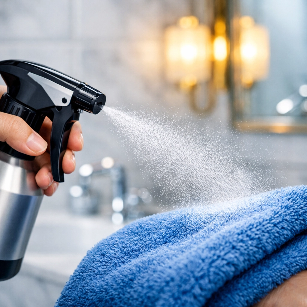 Spraying cleaning solution onto a microfiber cloth for a safe Westborough deep cleaning service.