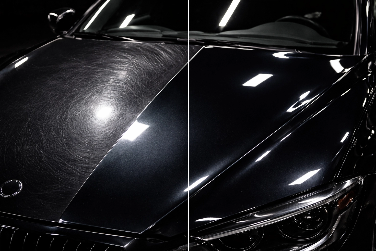 Split view of car paint before and after ceramic coating in Louisville KY, showing dramatic gloss improvement.