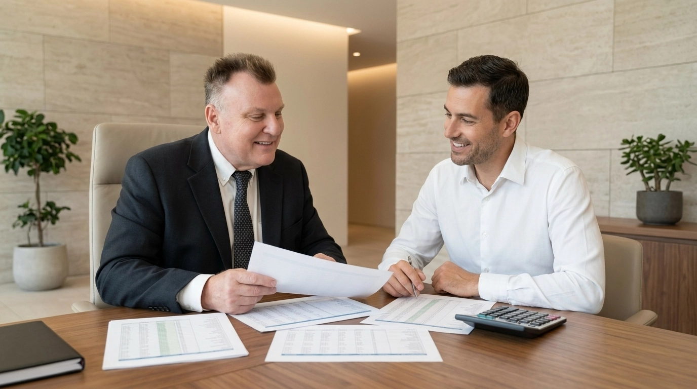 Small business tax planning consultation shown in a clean, elegant professional office setting.