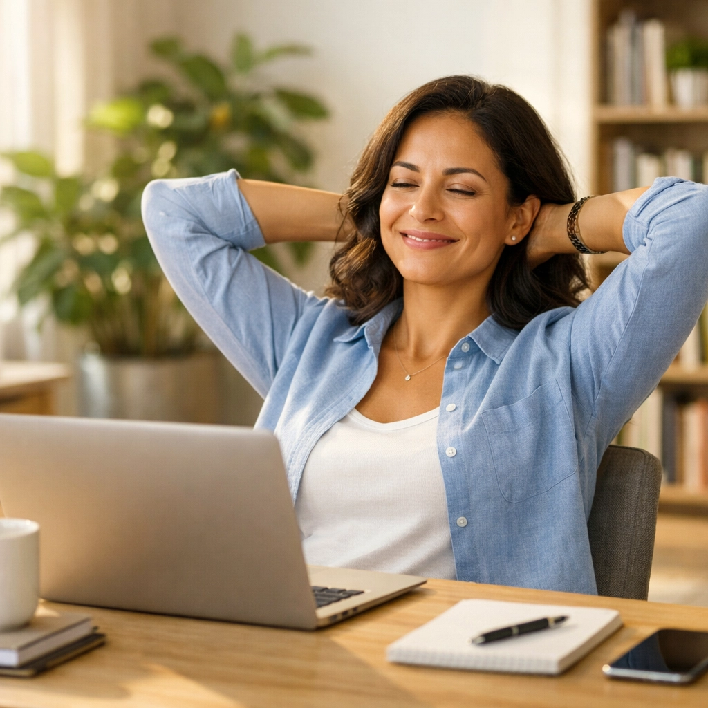 A confident small business owner reviewing financial reports on a laptop in a bright home office.