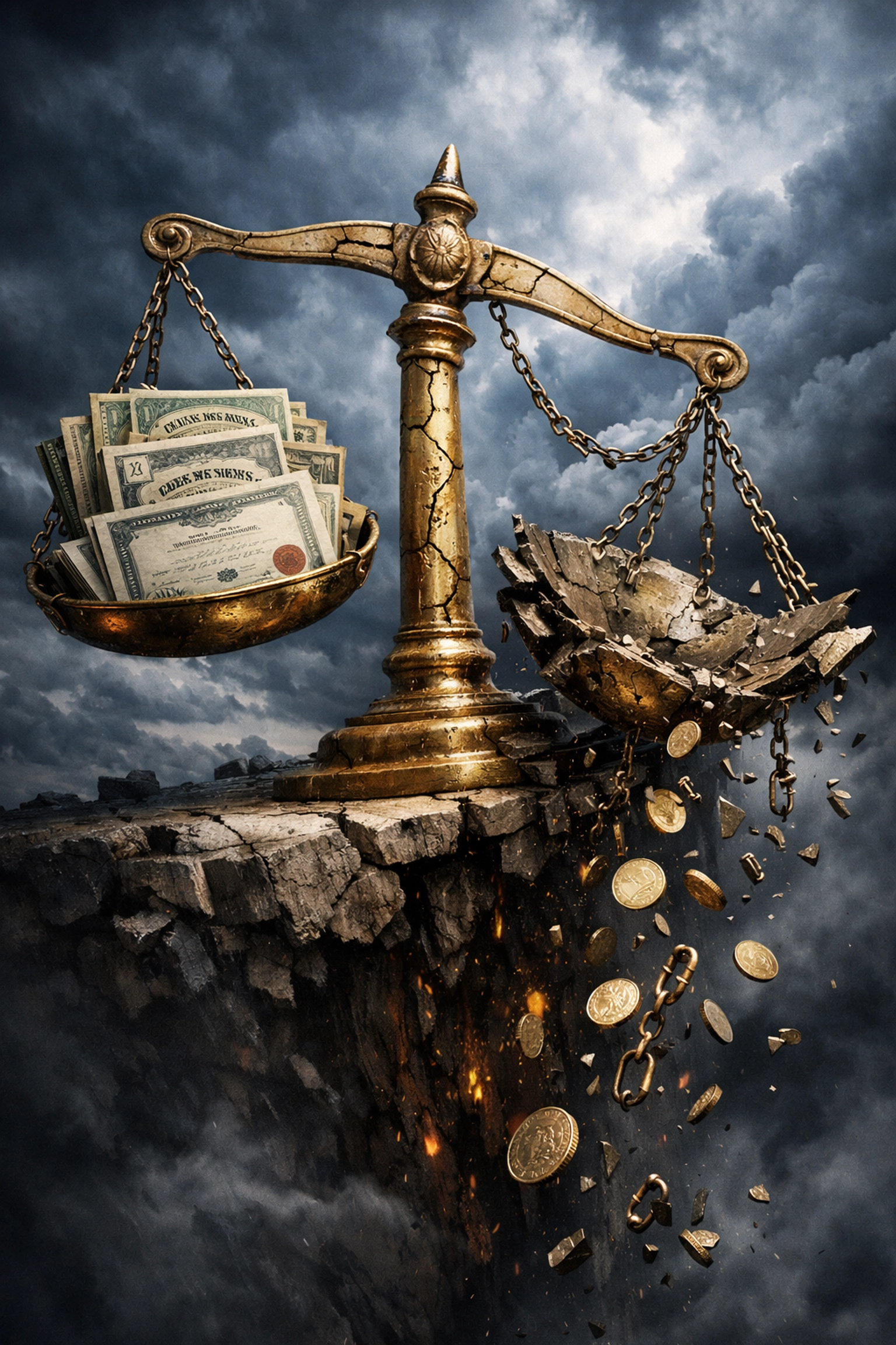 Fractured balance scale symbolizing the decline of traditional 60/40 portfolio diversification strategies