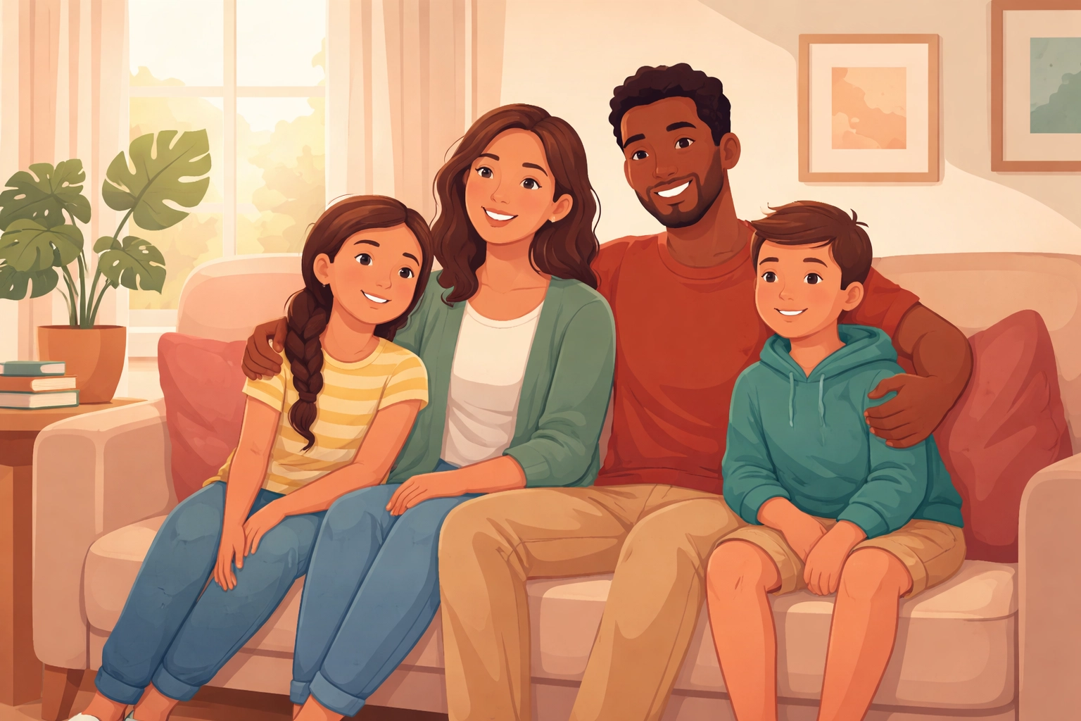 Family sitting together on a cozy couch, representing partnership and trust in ABA therapy supervision.