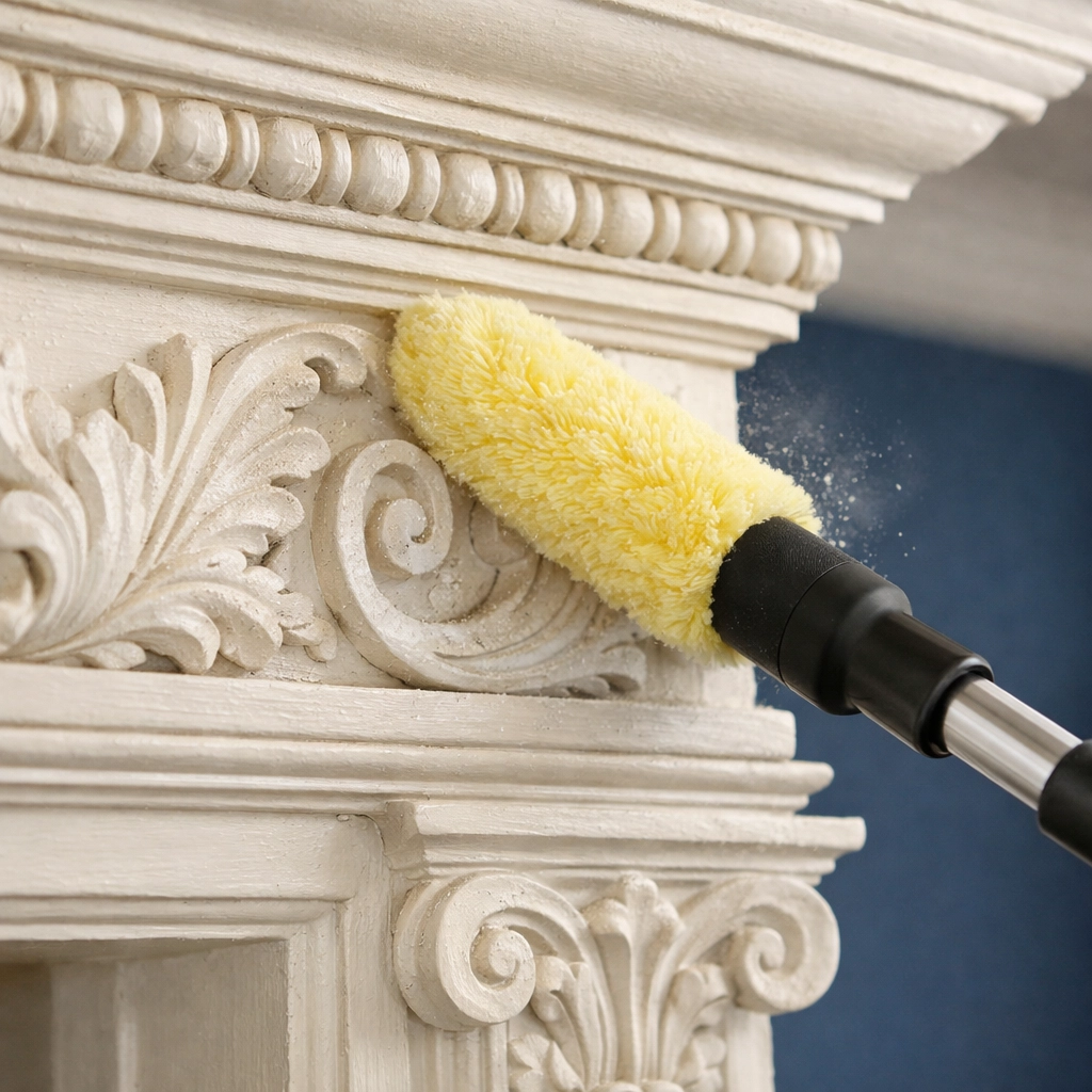 Expert deep cleaning services removing dust from historic molding in a Massachusetts colonial home.