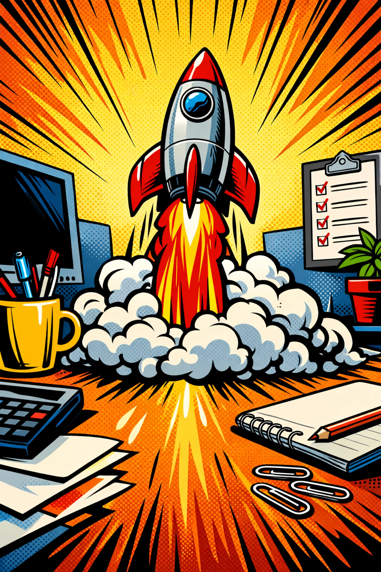 A rocket ship launching from an office desk symbolizing the success of a first AI business automation pilot project.