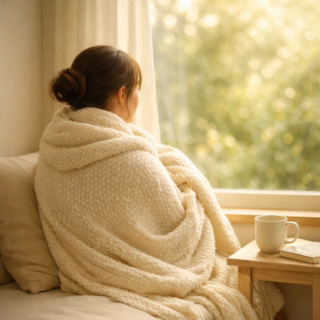 A person resting in a peaceful, sunlit room, symbolizing the safety and stillness found through trauma therapy.