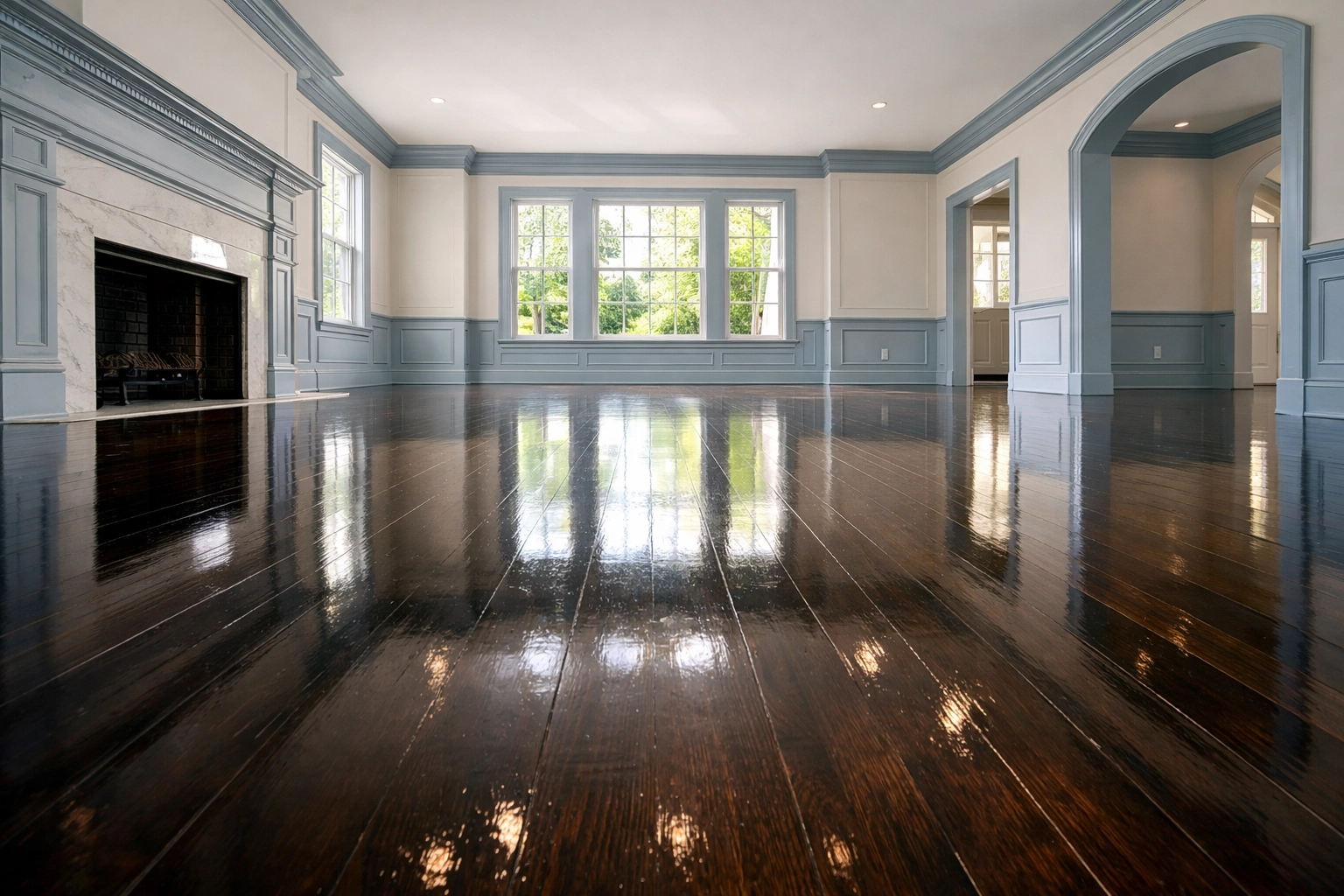 Pristine empty living room in Massachusetts showing professional move-out cleaning results and polished floors.