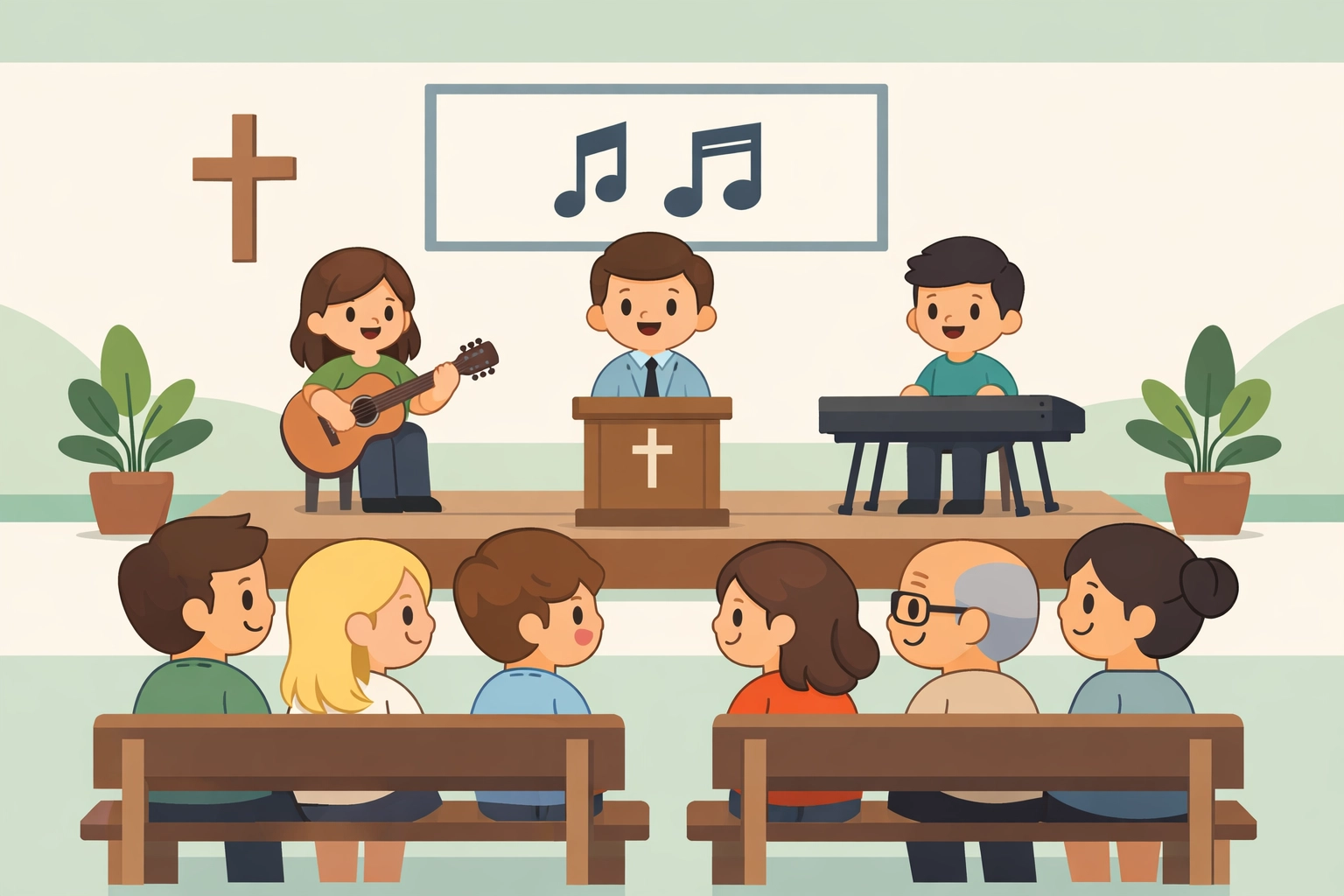 People of different ages sit together during the service, smiling and engaged, in a warm, small-church setting.