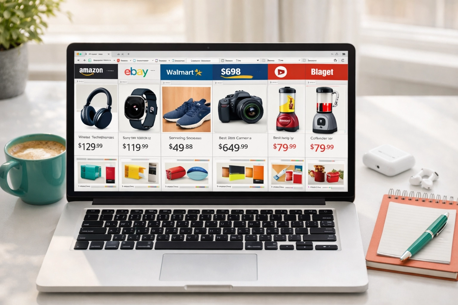 Laptop displaying multiple shopping sites for online deal research and price comparison