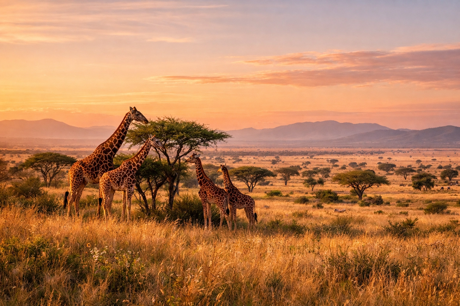 Wide-angle view of giraffes in the African savanna at sunset for ESG biodiversity reporting.