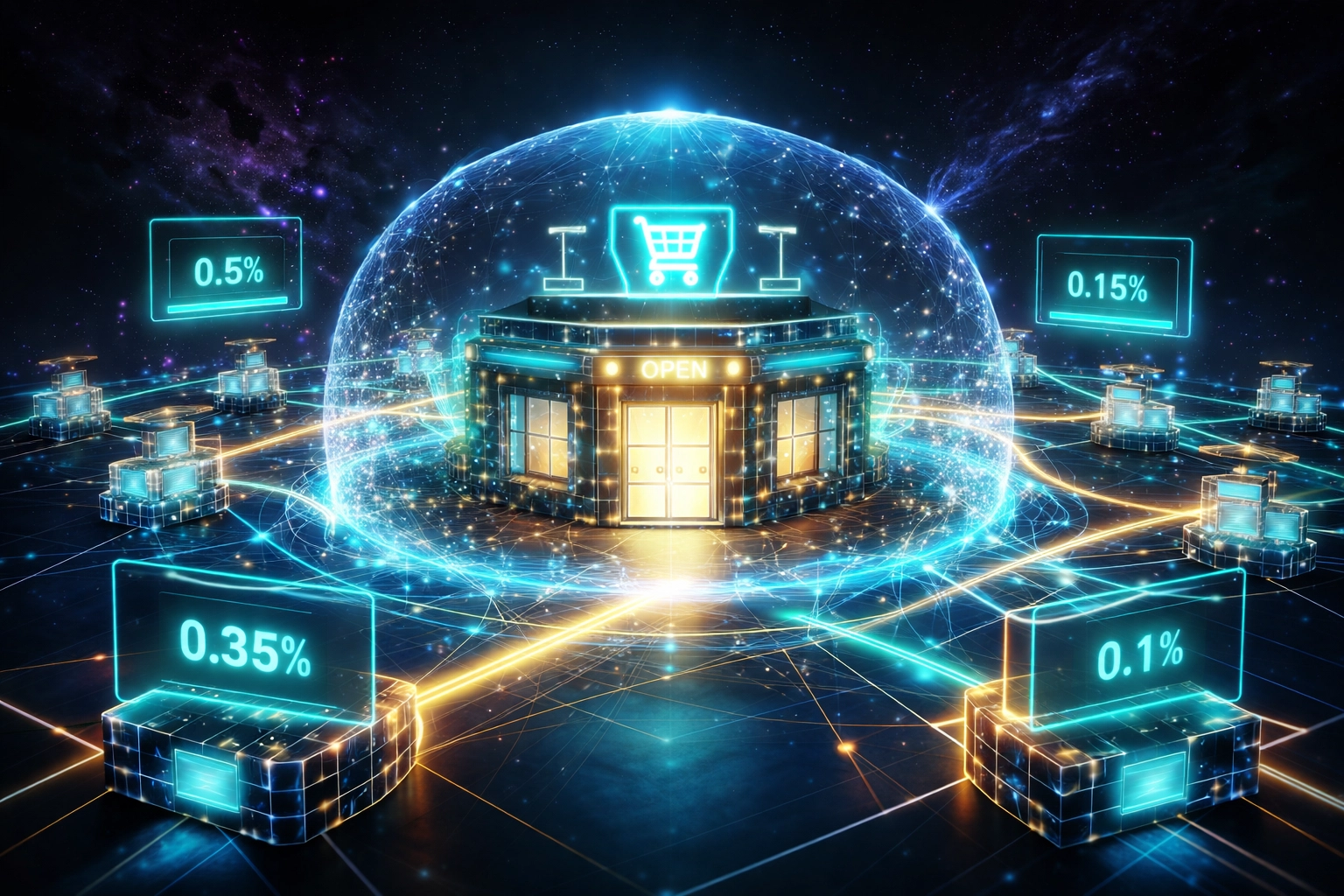 Blockchain nodes forming secure shield around a digital store, illustrating lower Web3 payment fees and merchant freedom.