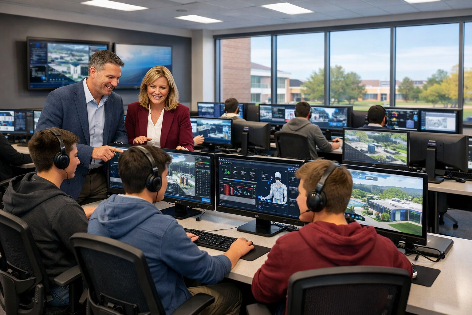 Modern high school educational simulation lab with ergonomic stations for student learning and esports.