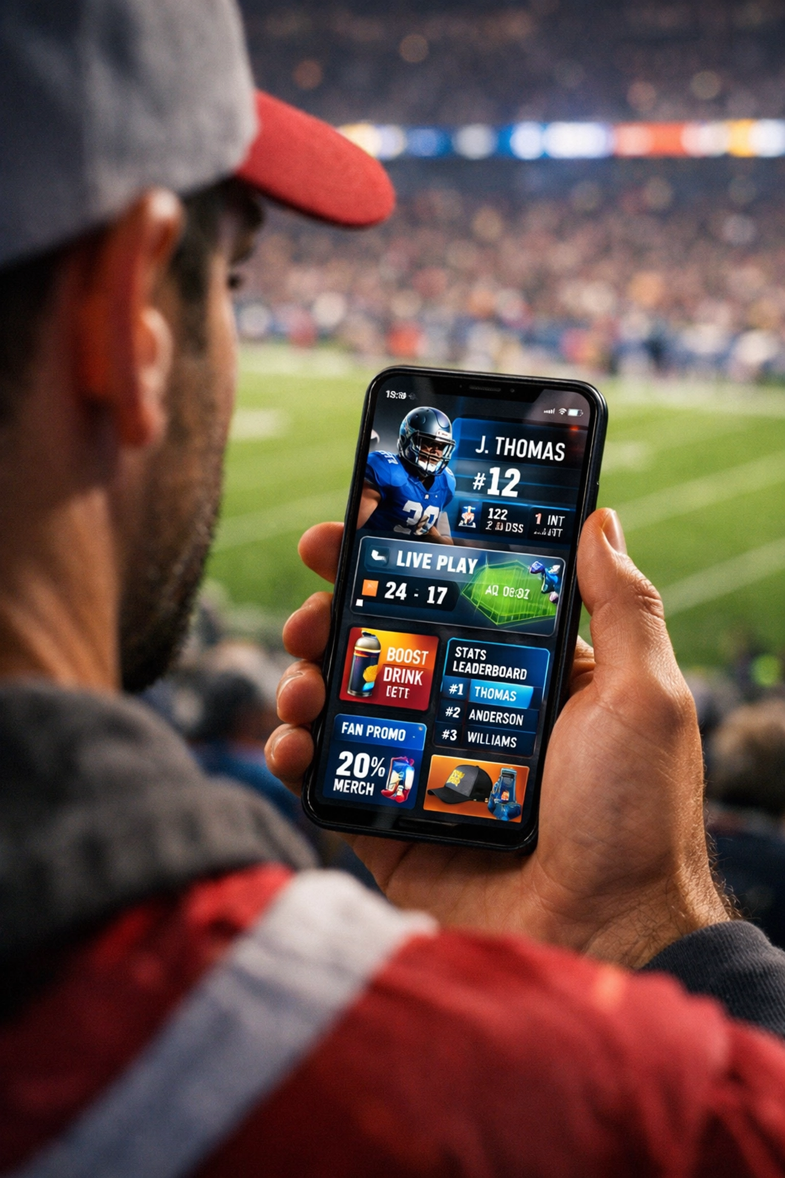 Stadium fan using a mobile app to experience interactive brand placement and real-time sports data.