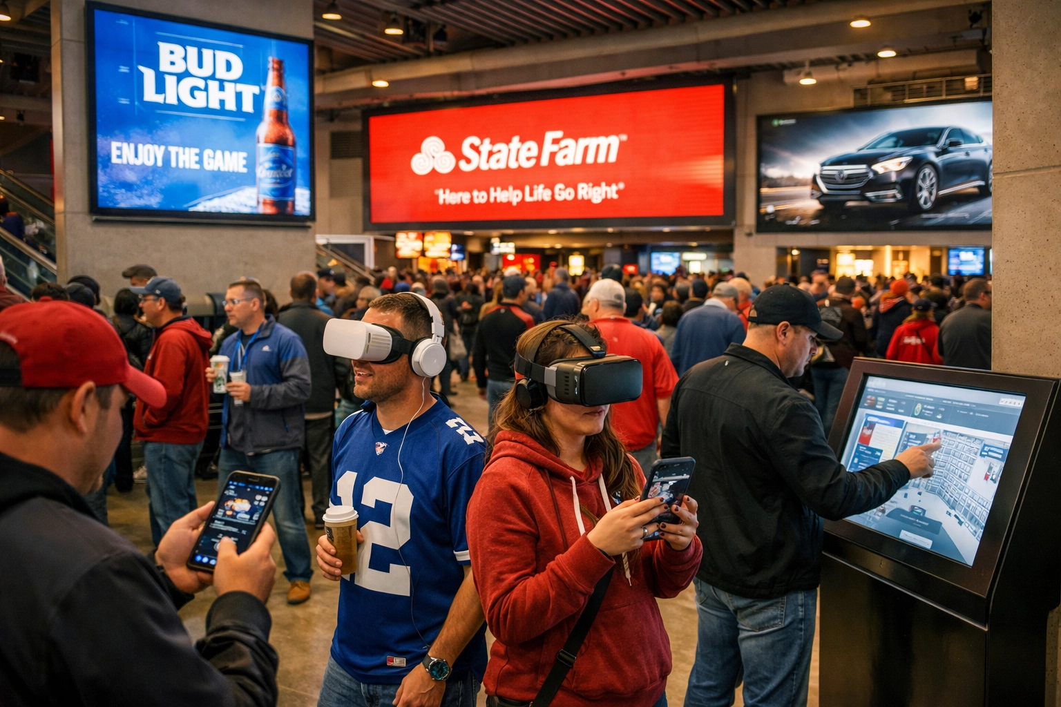 Sports fans using digital touchpoints and mobile apps at stadium concourse for omnichannel brand engagement