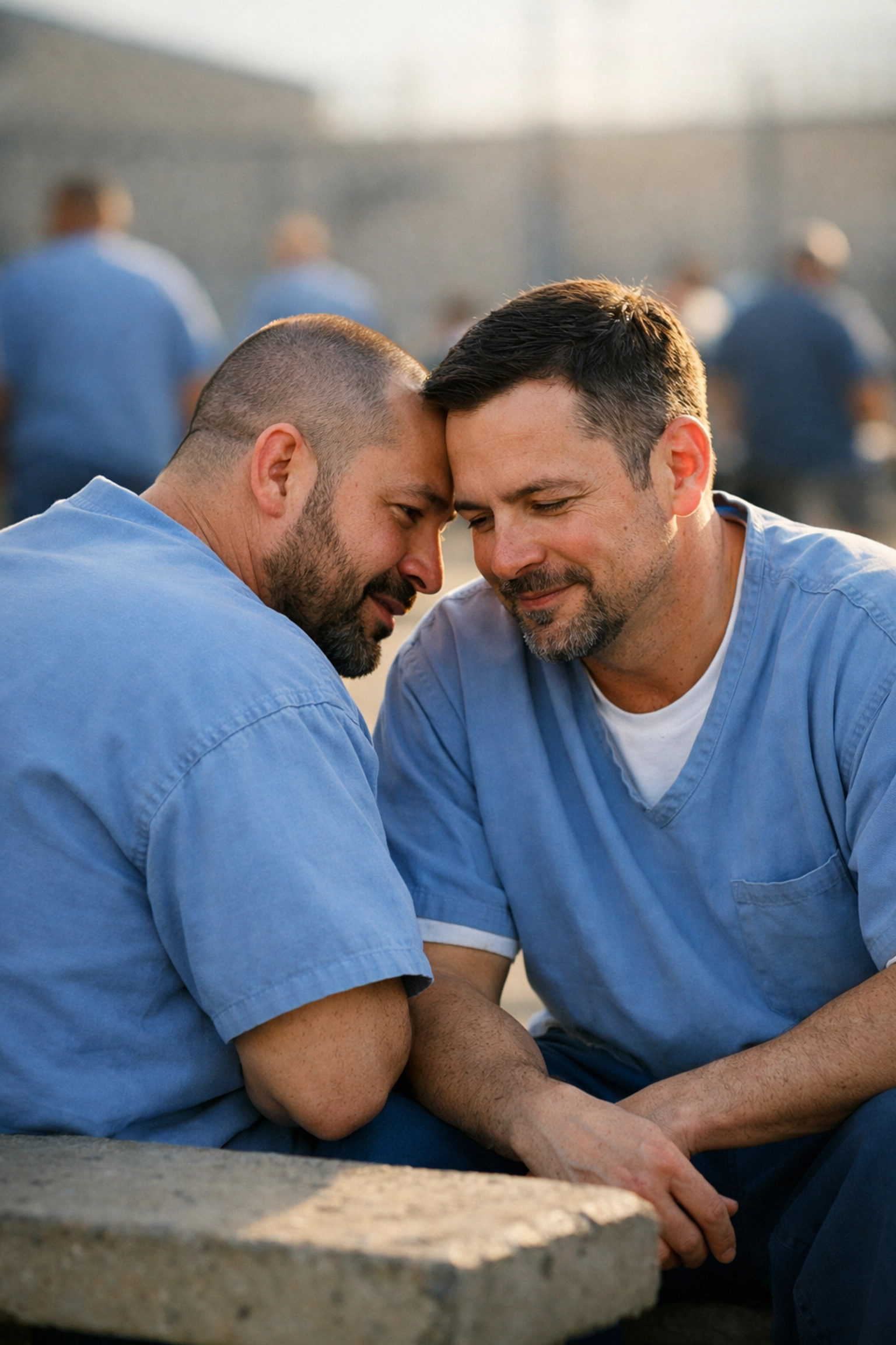 Two men sharing intimate moment on prison yard bench during recreation time
