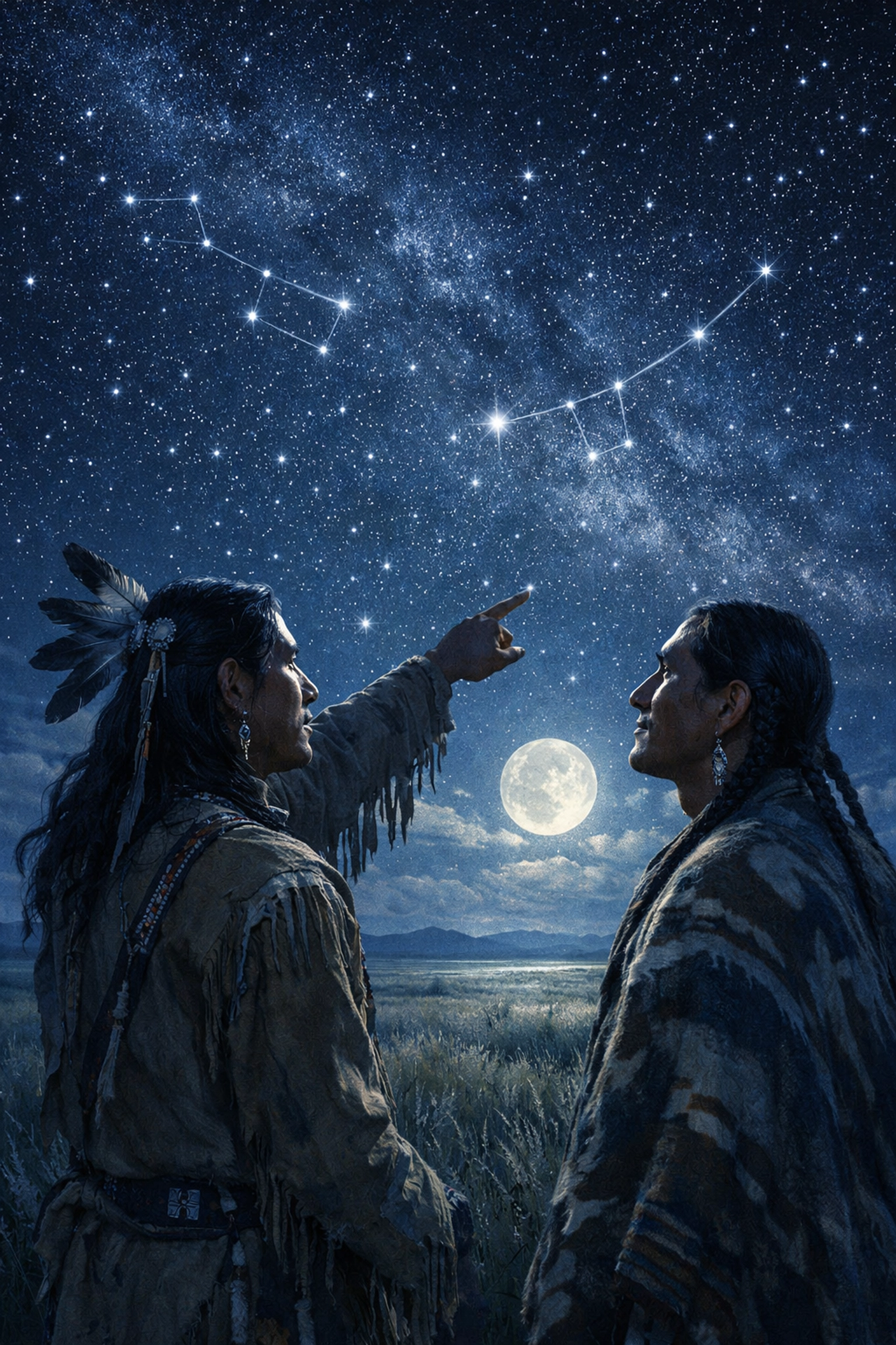Two men stargazing on Plains prairie, connecting spiritually under vast night sky