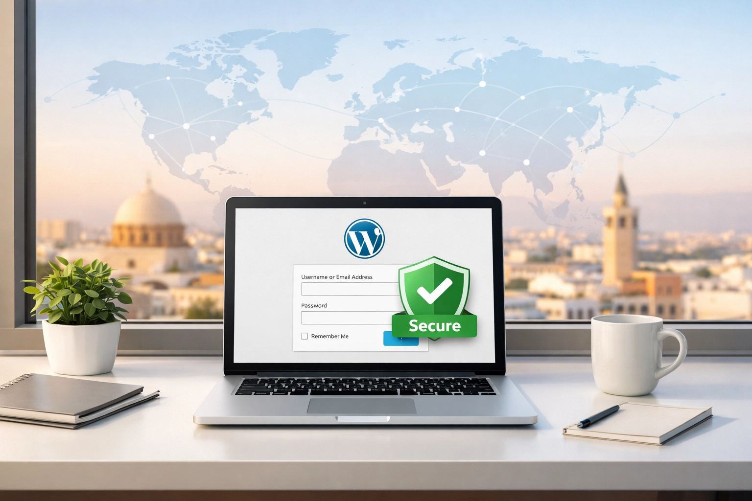 Interface WordPress sécurisée sur un ordinateur dans un bureau moderne à Tunis.