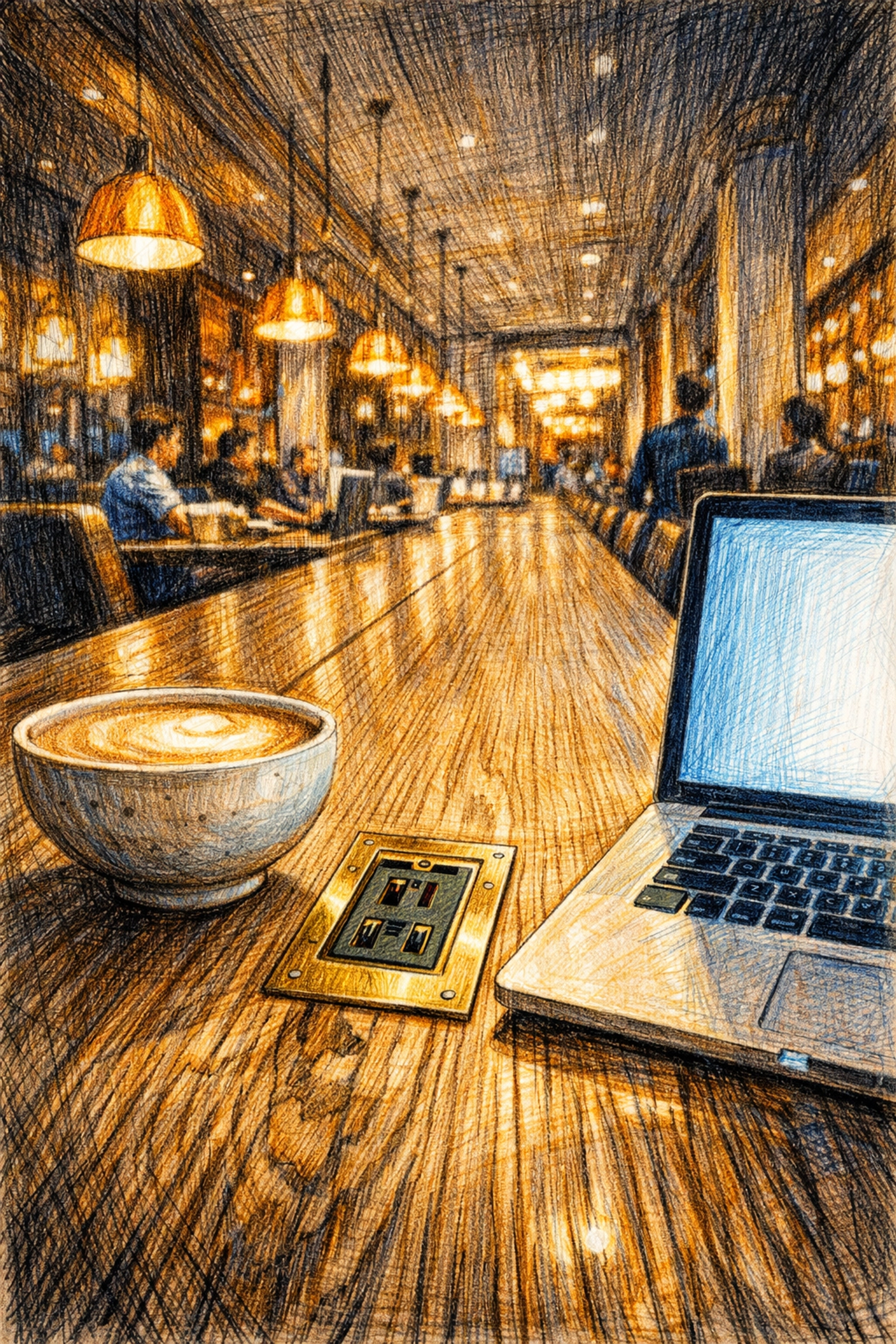 Communal white-oak work table in a hotel lobby with integrated power outlets for digital nomads.