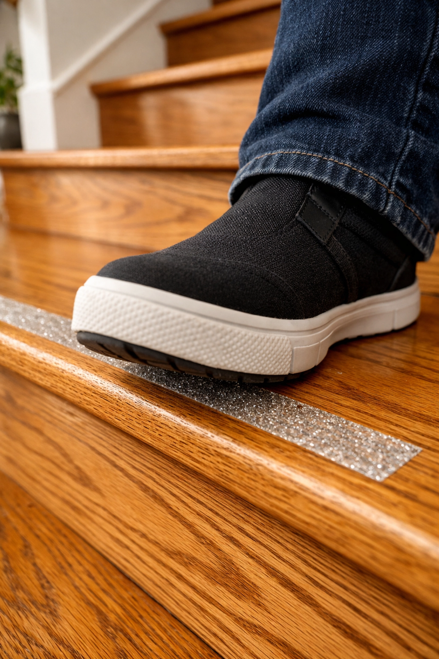 Clear non-slip adhesive strips on hardwood stairs to provide better foot traction and prevent falls.
